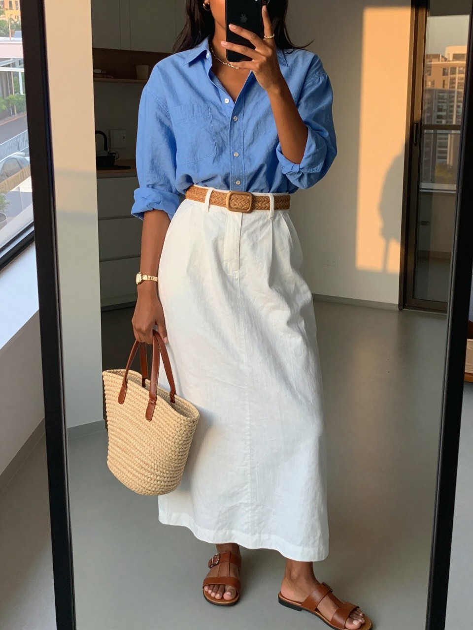 mirror selfie of a black woman wearing a blue oxford shirt with rolled sleeves tucked into a white linen maxi skirt with a tan woven belt and brown leather flat sandals, holding a straw market bag, sunglasses perched on her head, standing in a polished casual pose, cropped at NECK so face doesn't show, in a city apartment, evening golden hour, iPhone photo quality.