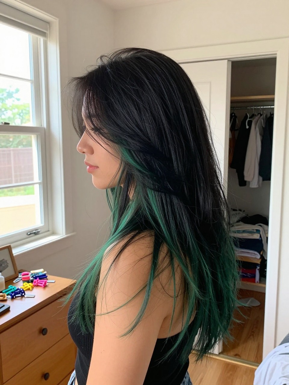 Photo of a woman wearing long black layered hair with forest green highlights and soft body, side profile view, in a sun-drenched bedroom, natural window light, containing a small lived-in detail such as sectioning clips on the dresser and a slightly open closet behind, latest iPhone photo quality.