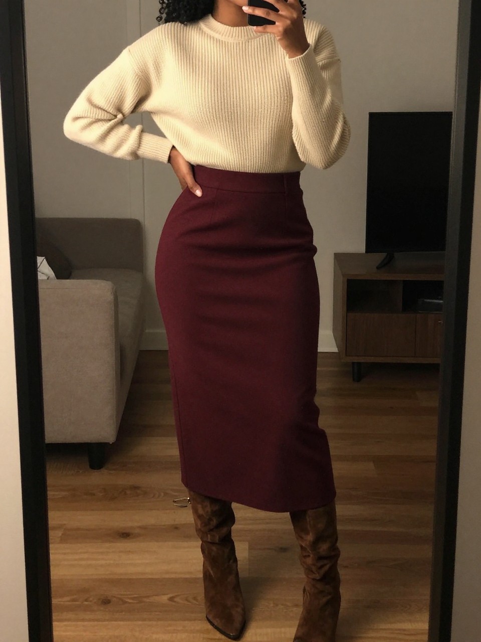 mirror selfie of a black woman wearing a cream cropped ribbed sweater with a high-waisted burgundy wool midi skirt and brown suede knee-high boots, one hand on her hip, cropped at NECK so face doesn't show, in a city apartment, warm moody lighting, iPhone photo quality.