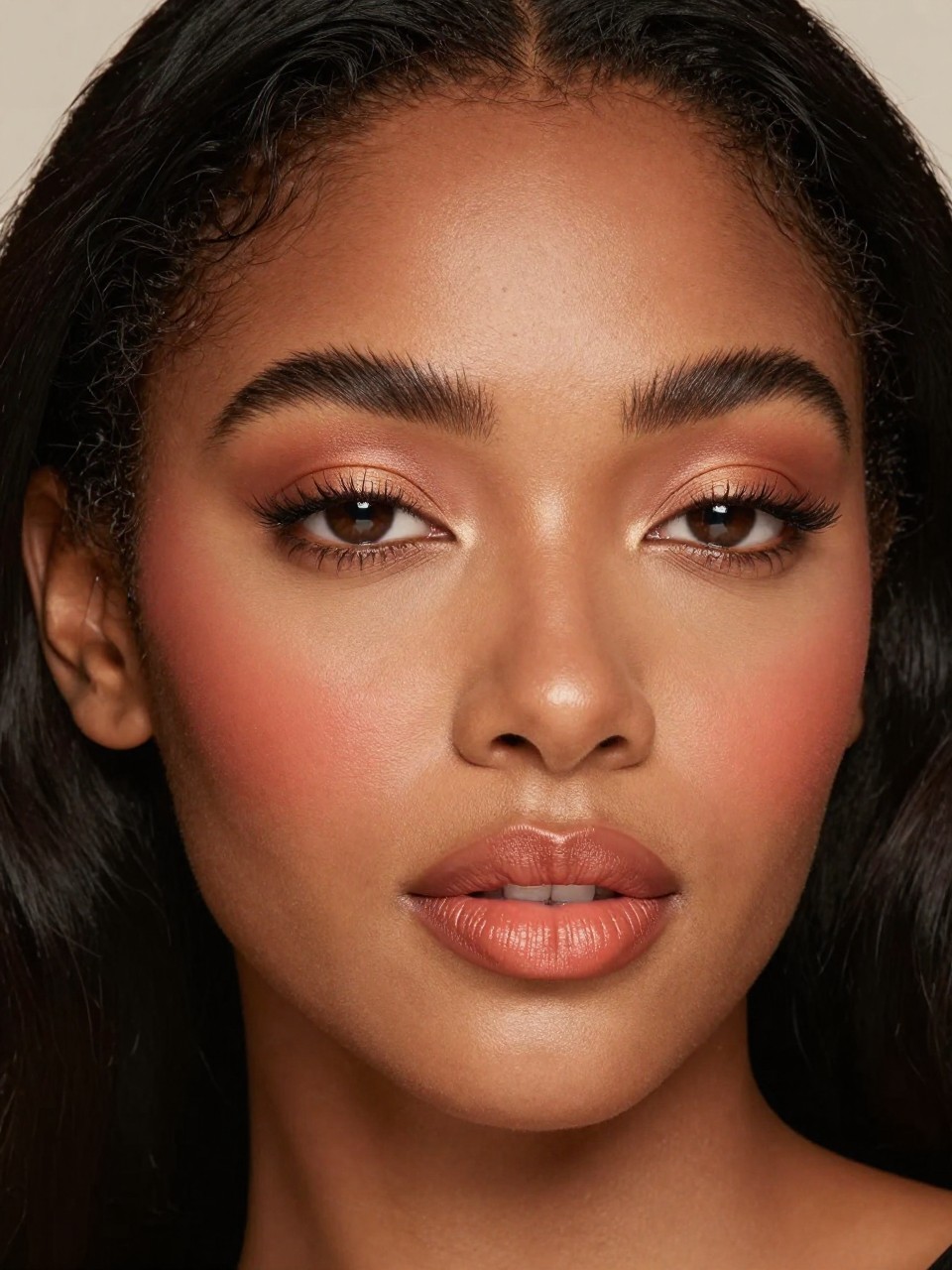 IMAGE_PROMPT: Super realistic close-up beauty portrait of a Black woman wearing soft glam makeup with cinnamon brown eyeshadow, softened tan edges, warm peach-coral blush, peach nude satin lips, radiant satin skin, lifted lashes, and softly shaped brows, shot from a three-quarter view, with diffused beauty studio lighting that clearly reveals the warm brown tones and realistic skin finish, realistic skin texture, softly styled black hair framing the face, minimal soft background, feminine modern beauty photography, latest iPhone photo quality (no watermarks on images).