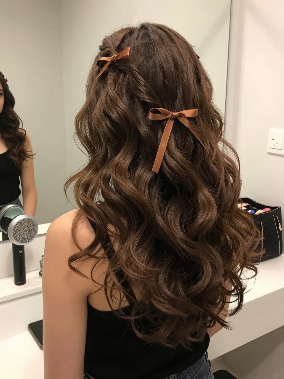 Photo of a woman wearing chocolate brown curly hair with caramel ribbons and soft voluminous curls, back-of-head view to highlight the color blend, bathroom vanity mirror setting, soft indoor lighting, with a diffuser on the counter and a makeup bag nearby, latest iPhone photo quality.
