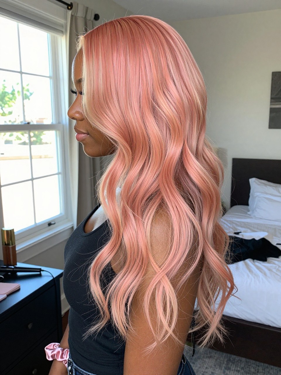 Photo of a black woman wearing soft strawberry blonde waves with golden highlights woven through the lengths, side profile view, in a sun-drenched bedroom, natural window light, containing a small lived-in detail such as a curling iron on the counter and a silk scrunchie on the wrist, latest iPhone photo quality.