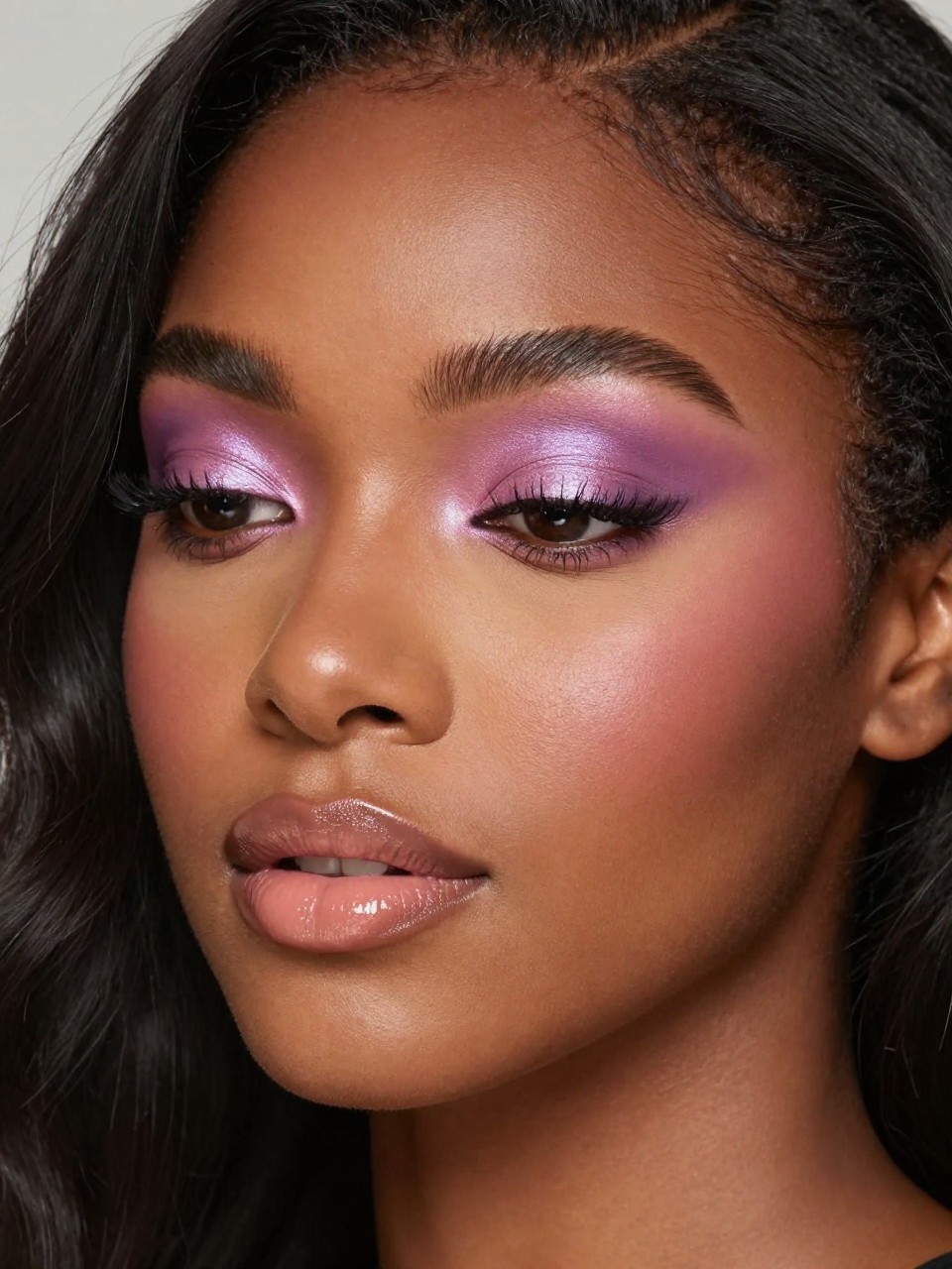 IMAGE_PROMPT: Super realistic close-up beauty portrait of a Black woman wearing lilac-pink shimmer eyeshadow on the lids with muted mauve crease shading, luminous skin, mauve-rose blush, nude pink-beige glossy lips, wispy lashes, and softly groomed brows, shot from a three-quarter face angle, with diffused studio lighting that clearly reveals the lilac shimmer, skin glow, and realistic skin texture, realistic skin texture, softly waved black hair, minimal soft background, feminine modern beauty photography, latest iPhone photo quality (no watermarks on images).