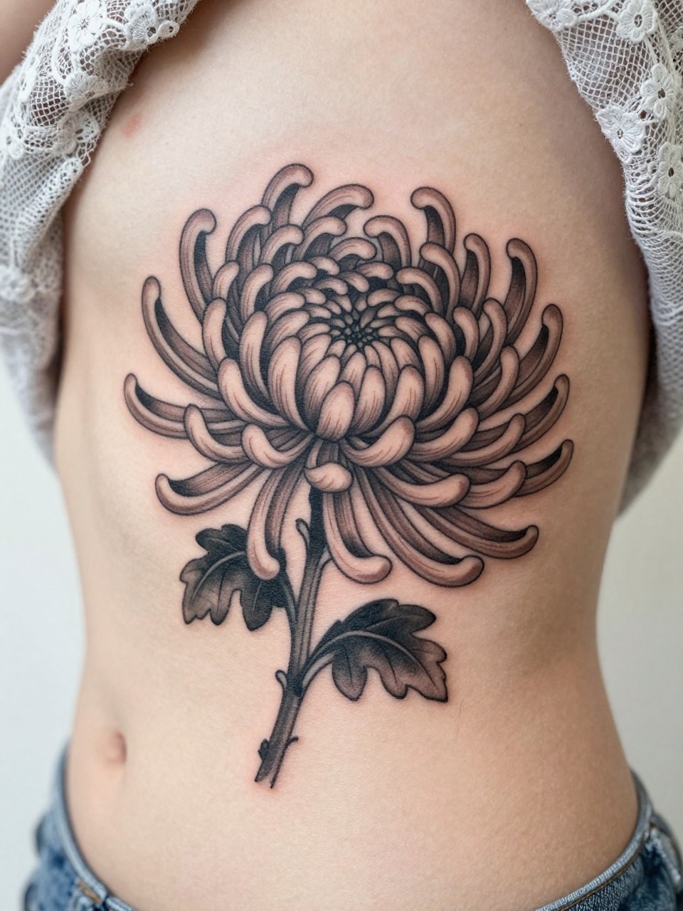 Image Prompt: "Macro shot of a Japanese chrysanthemum flower tattoo on the ribcage, black ink detailed petals with soft grey shading, feminine curved placement, realistic skin texture, lace fabric edge lightly visible, tight crop, design-focused close-up, clean soft background, tattoo-centered lifestyle image (no watermarks on images)"