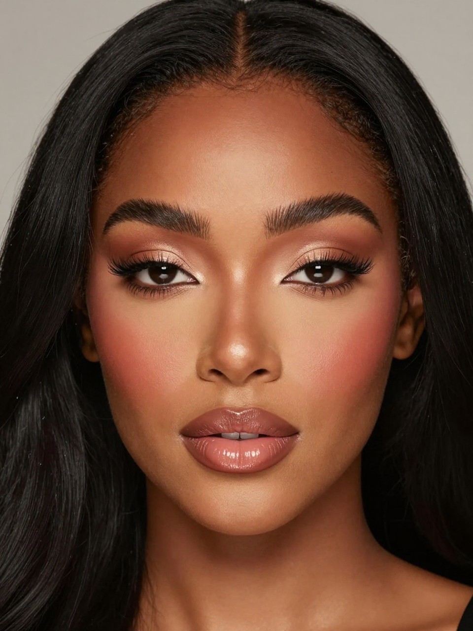 IMAGE_PROMPT: Super realistic close-up beauty portrait of a Black woman wearing classy nude makeup with caramel matte eyeshadow, warm taupe crease blending, glowing skin, rosy terracotta blush, rosy nude glossy lips, soft volume lashes, and brushed full brows, shot from a front-facing portrait, with diffused studio lighting that clearly reveals the warm tones, gloss shine, and realistic skin texture, realistic skin texture, softly styled long black hair, minimal blurred background, feminine modern beauty photography, latest iPhone photo quality (no watermarks on images).