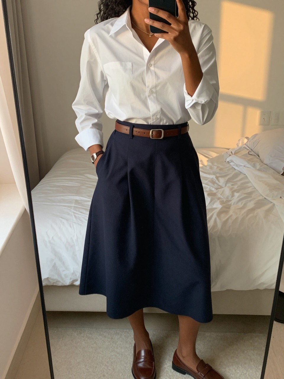 iPhone mirror selfie of a black woman wearing a white button-down shirt tucked into a navy A-line skirt with a brown leather belt and matching loafers, one hand in her pocket, cropped at NECK so face doesn't show, in a feminine-themed bedroom, evening golden hour, iPhone photo quality.