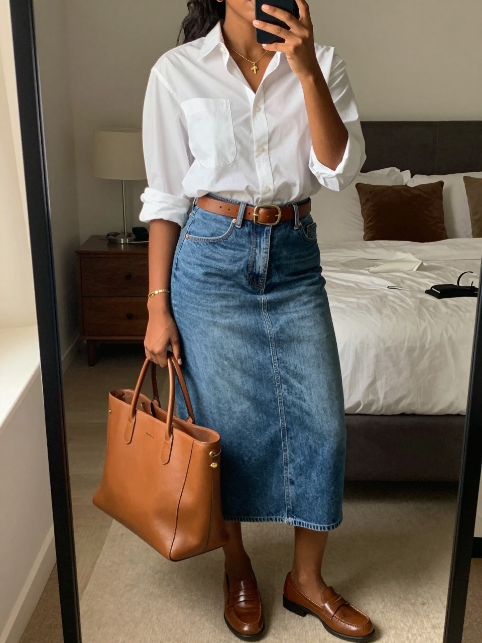 mirror selfie of a black woman wearing a white button-down shirt with rolled sleeves tucked into a mid-wash denim midi skirt with a brown leather belt and matching brown loafers, holding a tan leather tote, sunglasses perched on her head, standing in a polished casual pose, cropped at NECK so face doesn't show, in a feminine-themed bedroom, warm moody lighting, iPhone photo quality.
