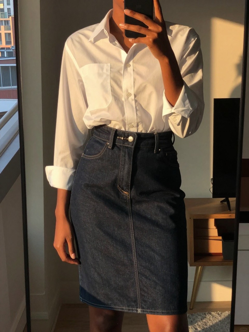 mirror selfie of a Black woman wearing a dark denim skirt with a white button-down shirt and belt, standing casually with her phone low, cropped at NECK so face doesn't show, in a city apartment, evening golden hour light, iPhone photo quality.
