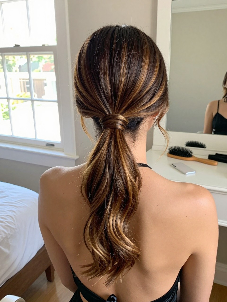 Photo of a woman wearing a sleek low ponytail with dark hair and honey highlights through the tail and ends, back-of-head view to highlight details, in a sun-drenched bedroom, natural window light, containing a small lived-in detail such as a black ribbon tied at the base and a hairbrush on the vanity, latest iPhone photo quality.
