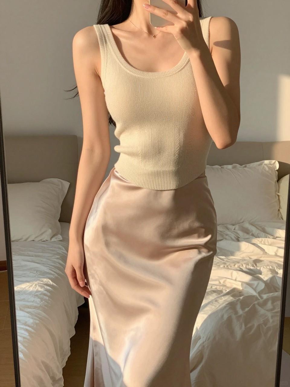 iPhone mirror selfie of a woman in a satin skirt and knit bodysuit, smoothing the skirt, cropped at NECK so face doesn't show, in a feminine-themed bedroom, evening golden hour, iPhone photo quality.