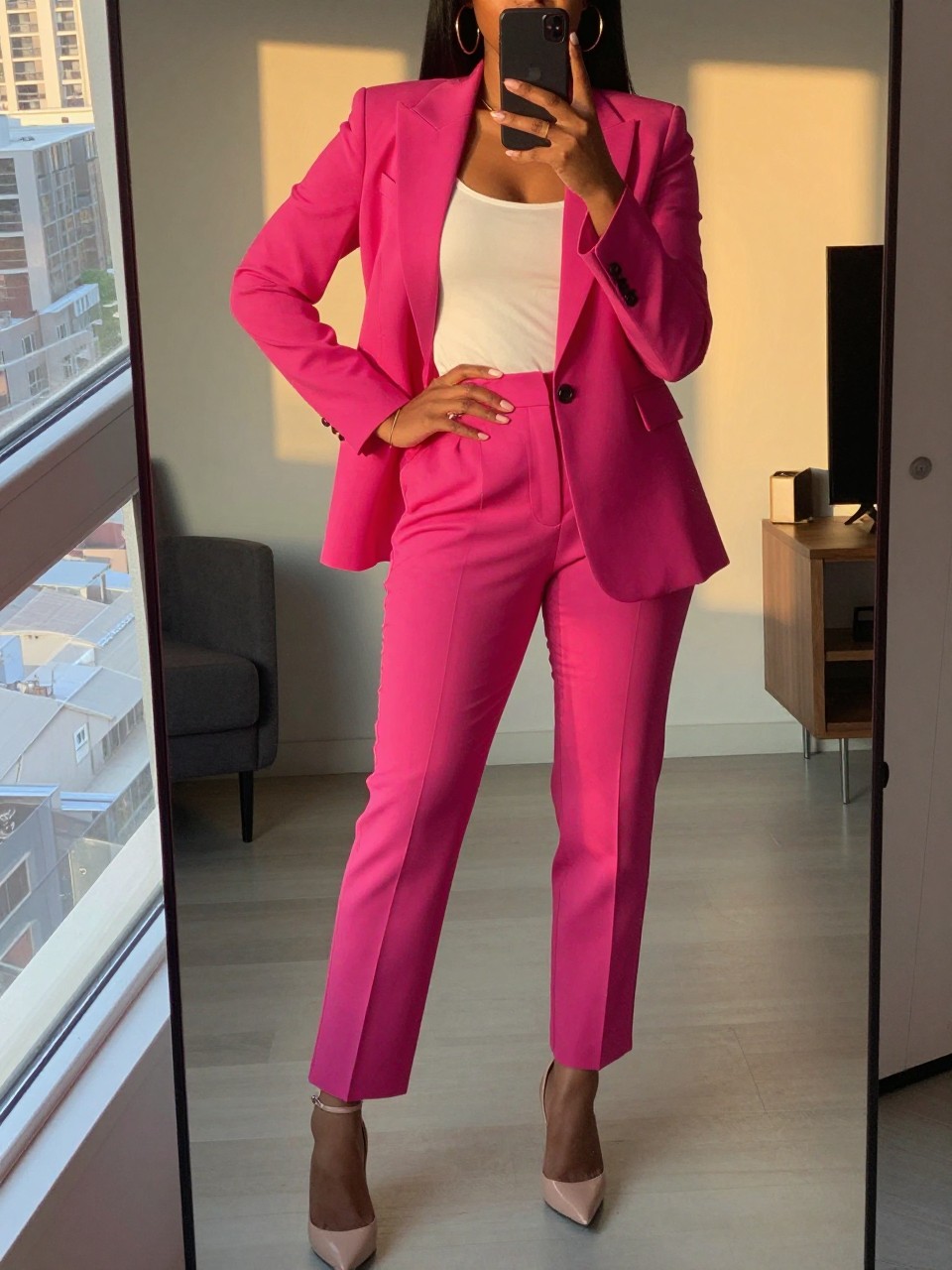 iPhone mirror selfie of a black woman wearing a fuchsia power suit with gold hoops and nude heels, standing with one hand on hip, cropped at NECK so face doesn't show, in a city apartment, evening golden hour, iPhone photo quality.