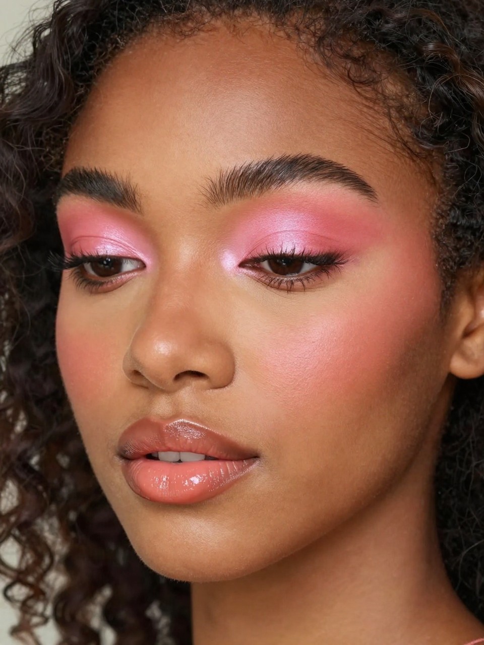 IMAGE_PROMPT: Super realistic close-up beauty portrait of a Black woman wearing warm pink eyeshadow blended with soft coral edges, radiant skin, peach-rose blush, peach nude glossy lips, natural lifted lashes, and brushed brows, shot from a three-quarter view, with soft natural light that clearly reveals the warm pink tones, lip shine, and realistic skin texture, realistic skin texture, softly styled natural hair, minimal soft background, feminine modern beauty photography, latest iPhone photo quality (no watermarks on images).