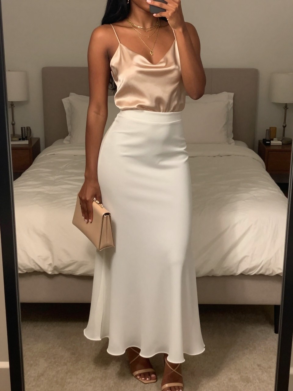 mirror selfie of a black woman wearing a champagne silk camisole tucked into a white chiffon maxi skirt with nude strappy heeled sandals and layered gold necklaces, holding a small nude clutch, standing in a romantic evening pose, cropped at NECK so face doesn't show, in a feminine-themed bedroom, warm moody lighting, iPhone photo quality.