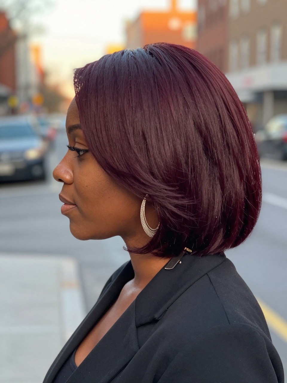 Photo of a black woman wearing mahogany wine hair in a smooth soft blowout, side profile view, softly blurred city street background, golden hour glow, with statement earrings peeking through and a hair clip clipped to her collar, latest iPhone photo quality.