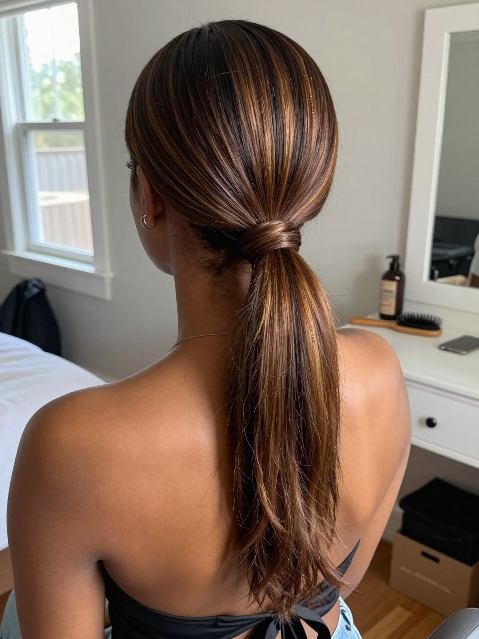 Photo of a black woman wearing a sleek low ponytail with brown hair and deep espresso dark highlights through the tail, back-of-head view to highlight details, in a sun-drenched bedroom, natural window light, containing a small lived-in detail such as a black ribbon tied at the base and a hairbrush on the vanity, latest iPhone photo quality.