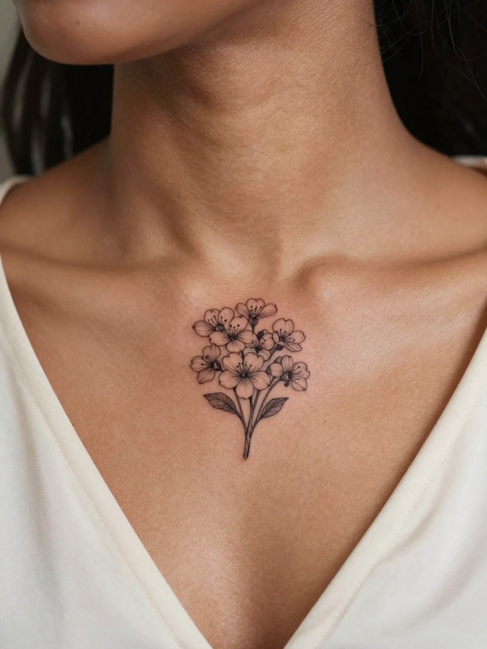 Image Prompt: "Design-focused close-up of a small hawthorne flower tattoo on the collarbone of black feminine woman, black ink fine line design with delicate clustered blossoms, soft shading, realistic skin texture, silk blouse neckline barely visible, feminine clean composition, close-up tattoo visibility, soft minimal background, tattoo is the clear hero (no watermarks on images)"