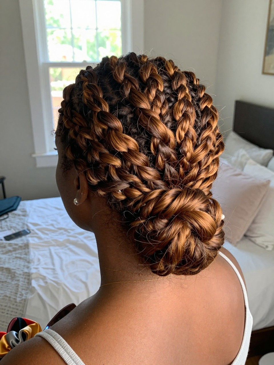 Photo of a Black woman wearing a low textured bun on brown hair with warm highlights woven through the twists, back-of-head view to highlight details, in a sun-drenched bedroom, natural window light, containing a small lived-in detail such as a pearl pin and a silk scrunchie on the wrist, latest iPhone photo quality.