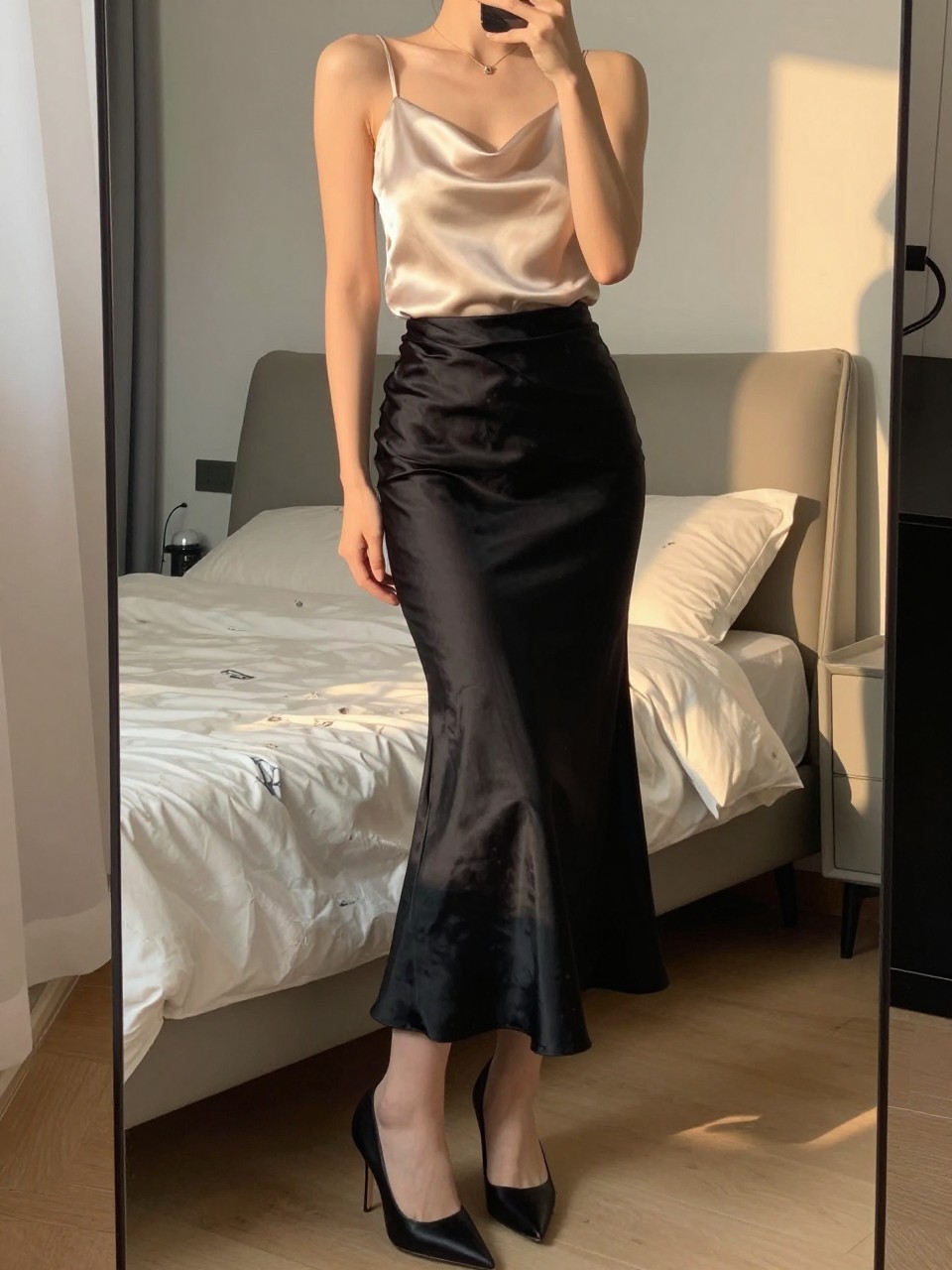 iPhone mirror selfie of a woman in a champagne silk camisole and a black satin mermaid skirt with pointed pumps, standing with her weight on one leg, cropped at NECK so face doesn't show, in a feminine-themed bedroom, evening golden hour, iPhone photo quality.