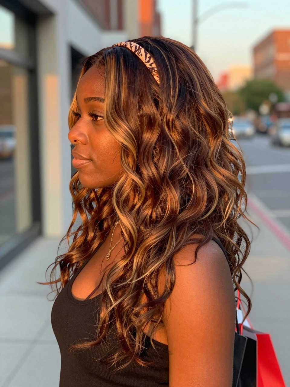 Photo of a black woman wearing beachy brunette waves with blonde highlight streaks and soft texture, side profile view, in a softly blurred city street background, golden hour glow, containing a small lived-in detail such as a headband pushed back and a few shopping bags nearby, latest iPhone photo quality.