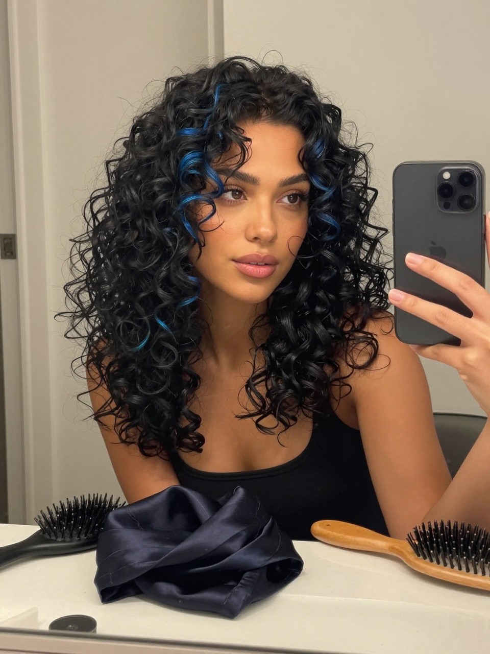 Photo of a woman wearing jet black curls with blue shine and soft defined volume, candid mirror selfie, bathroom vanity mirror setting, soft indoor lighting, with a satin scarf on the counter and a hairbrush nearby, latest iPhone photo quality.