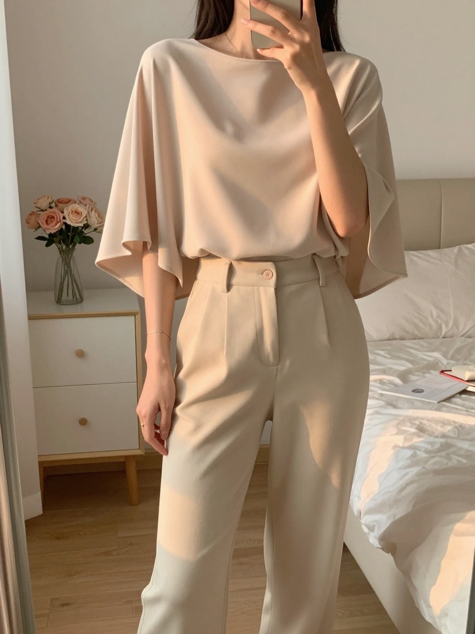 mirror selfie of a woman in a cape sleeve top and trousers, sleeve flowing, cropped at NECK so face doesn't show, in a feminine-themed bedroom, evening golden hour, iPhone photo quality.