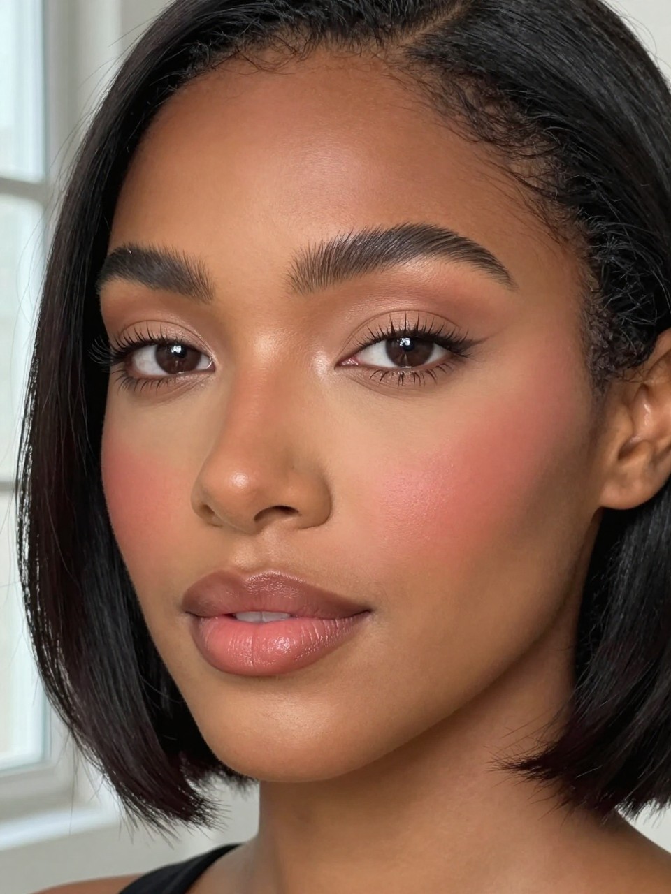 IMAGE_PROMPT: Super realistic close-up beauty portrait of a Black woman wearing classy nude makeup with beige eyelids, neutral brown crease definition, healthy natural skin, warm rose blush, rose nude cream lips, natural flutter lashes, and softly shaped brows, shot from a three-quarter face angle, with soft natural window light that clearly reveals the soft eye tones and realistic skin finish, realistic skin texture, sleek black bob hairstyle, minimal soft background, feminine modern beauty photography, latest iPhone photo quality (no watermarks on images).