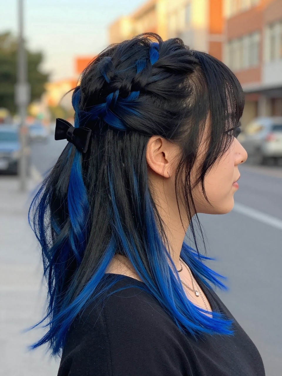 Photo of a woman wearing a half-up twisted hairstyle on black hair with bright blue highlights through the loose lengths, side profile view, in a softly blurred city street background, golden hour glow, containing a small lived-in detail such as a bow clip at the back and layered necklaces, latest iPhone photo quality.