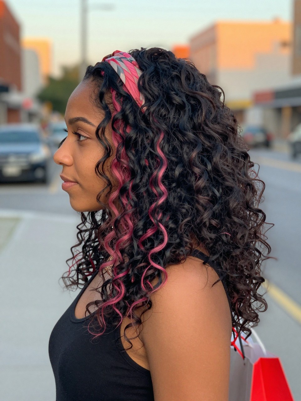 Photo of a biracial woman wearing beachy black waves with pink highlight streaks and soft texture, side profile view, in a softly blurred city street background, golden hour glow, containing a small lived-in detail such as a headband pushed back and a few shopping bags nearby, latest iPhone photo quality.