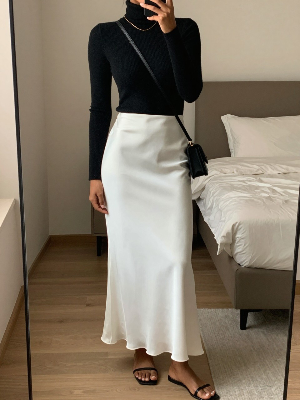 mirror selfie of a black woman wearing a black fine-knit turtleneck tucked into a white satin maxi skirt with black minimalist flat sandals and a thin gold chain necklace, holding a small black crossbody bag, standing in a sleek modern pose, cropped at NECK so face doesn't show, in a feminine-themed bedroom, warm moody lighting, iPhone photo quality.