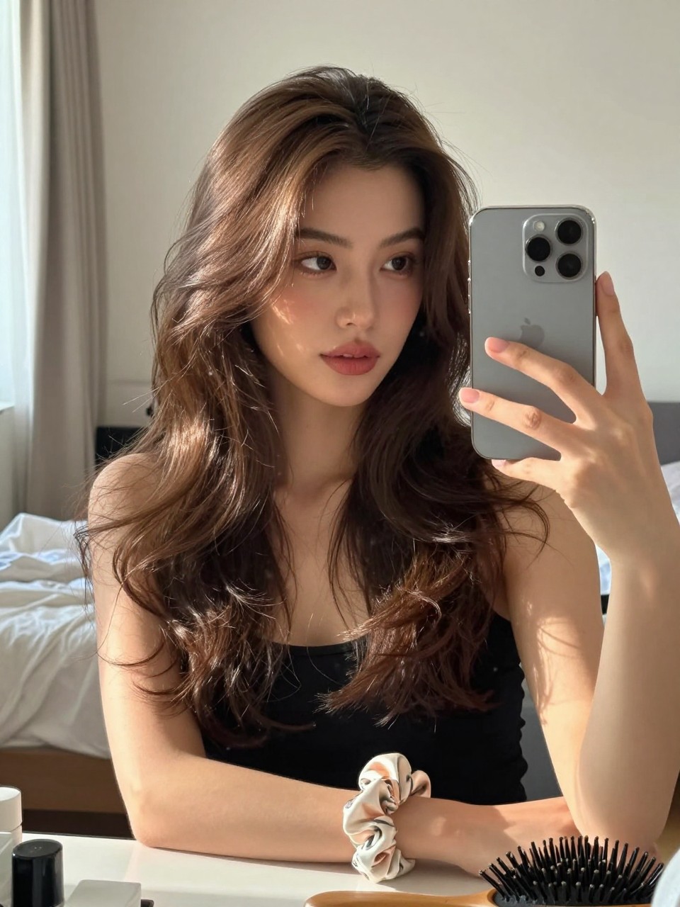 Photo of a woman wearing brunette hair with a soft mahogany money piece and face-framing waves, candid mirror selfie, sun-drenched bedroom setting, natural window light, with a silk scrunchie on her wrist and a hairbrush on the vanity, latest iPhone photo quality.