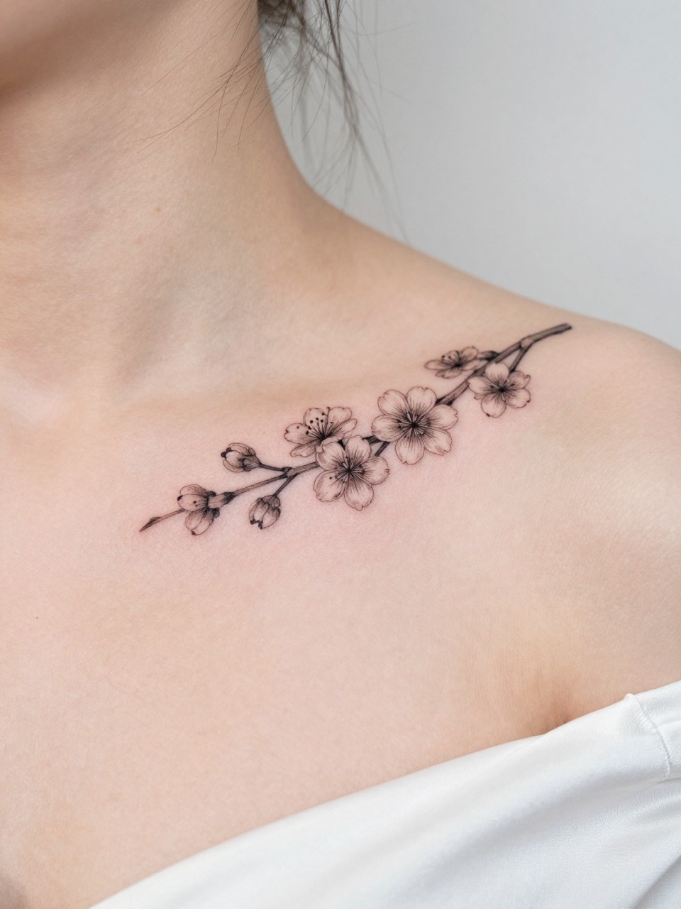 Image Prompt: "Close-up of two tiny hawthorne sprig tattoos along the collarbone, black ink fine line floral design with soft blossoms and light shading, realistic skin texture, satin blouse neckline barely visible, feminine clean composition, close-up tattoo visibility, soft minimal background, tattoo is the clear main subject (no watermarks on images)"