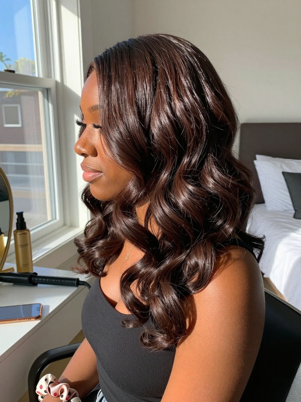 Photo of a black woman wearing glossy dark chocolate brown hair in loose brushed waves, side profile view, sun-drenched bedroom setting, natural window light, with a curling iron on the vanity and a silk scrunchie on her wrist, latest iPhone photo quality.