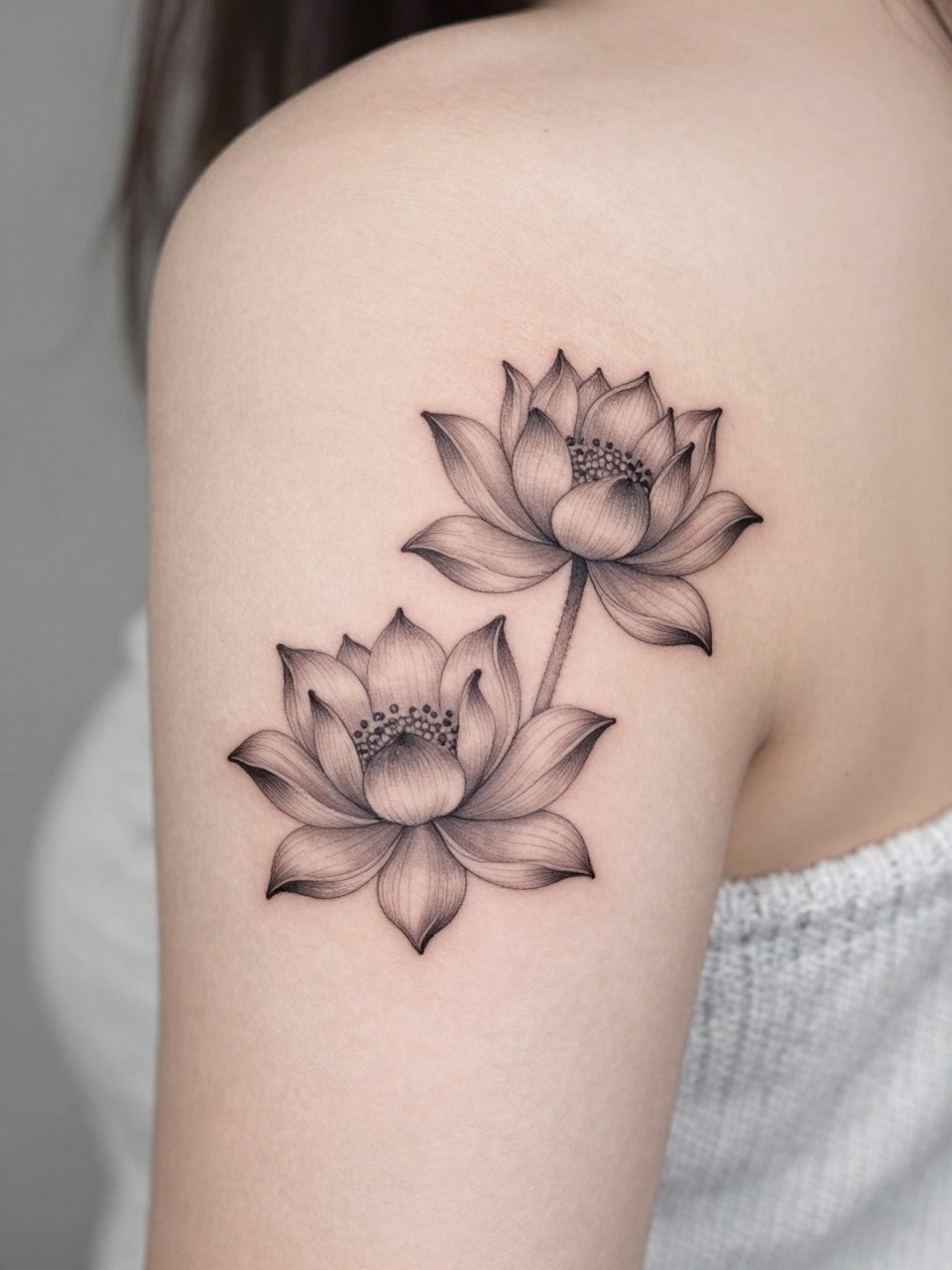 Image Prompt: "Close-up of a double lotus flower tattoo on the back of the arm, black ink fine line style, two delicate blooms with soft grey shading, medium-small size, realistic skin texture, light sweater texture softly visible near the edge, clean feminine lifestyle composition, tattoo takes most of the visual focus (no watermarks on images)"
