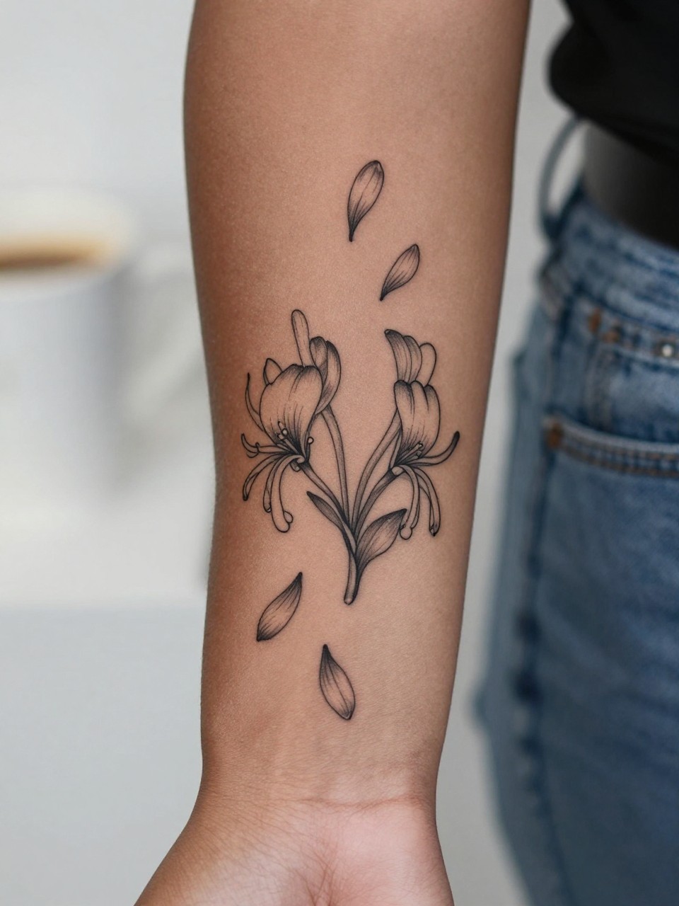 Image Prompt: "Extreme close-up of a honeysuckle tattoo with a few falling petals on the forearm of black feminine woman, black ink fine line floral design, delicate petal movement, soft shading, realistic skin texture, coffee cup softly blurred nearby, modern feminine tattoo inspiration image, minimal background, tattoo-centered composition (no watermarks on images)"