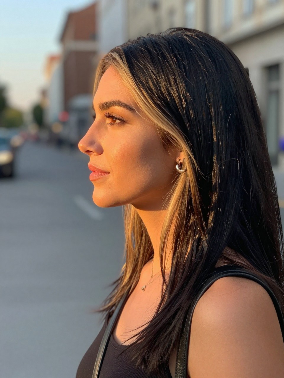 Photo of a white woman wearing long straight black hair with blonde framing the face, side profile view, in a softly blurred city street background, golden hour glow, containing a small lived-in detail such as statement earrings peeking through and a crossbody strap on the shoulder, latest iPhone photo quality.