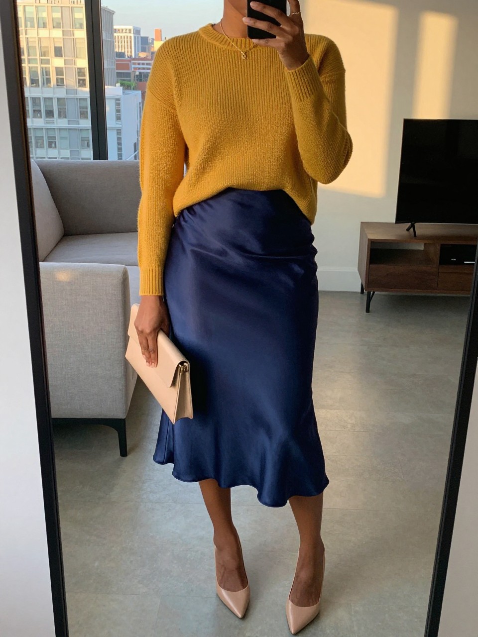 mirror selfie of a black woman wearing a soft mustard fine-knit sweater tucked into a navy blue satin midi skirt with nude pointed heels and a thin gold necklace, holding a small nude clutch, standing in a fresh color-block pose, cropped at NECK so face doesn't show, in a city apartment, evening golden hour, iPhone photo quality.