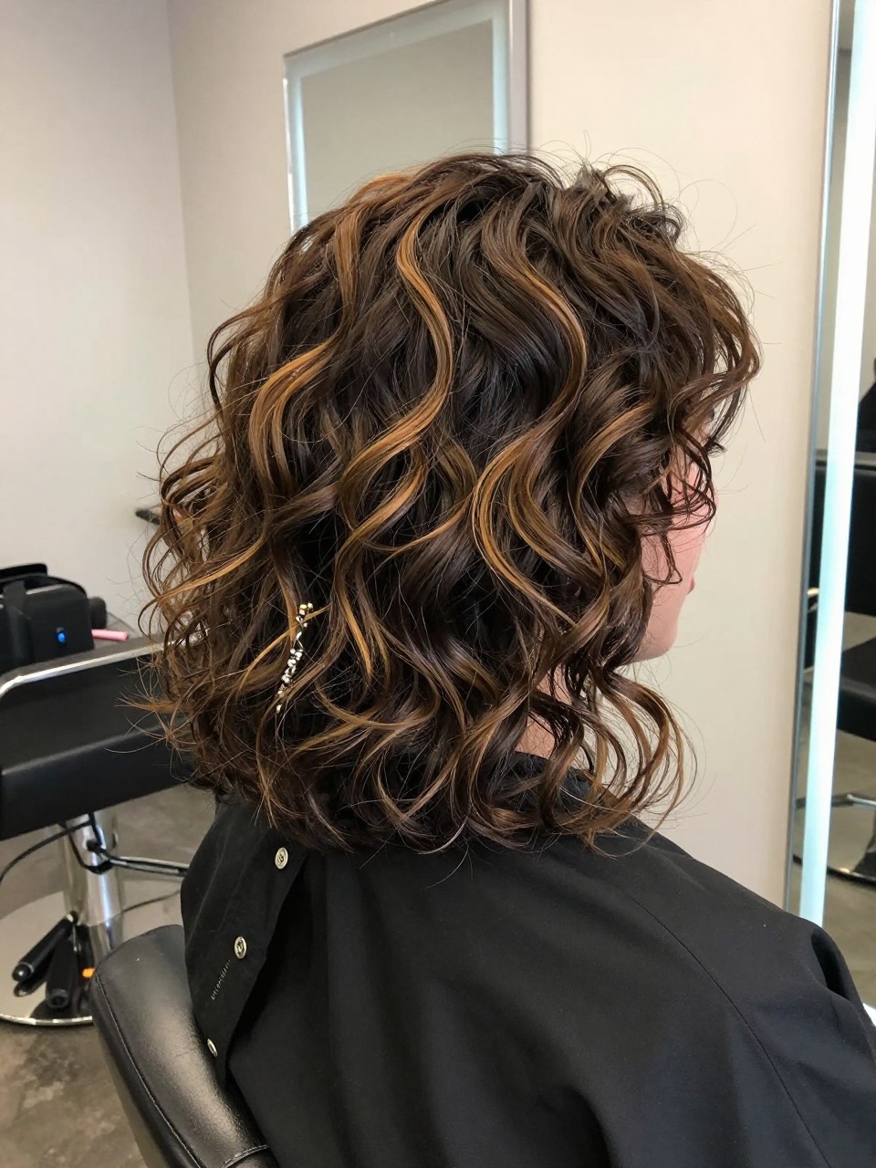 Photo of a woman wearing dark brown curls with thick toffee chunky highlight panels, side profile view, in a hair salon, neon sign light, containing a small lived-in detail such as a decorative pin on one side and a curling iron resting on the nightstand, latest iPhone photo quality.