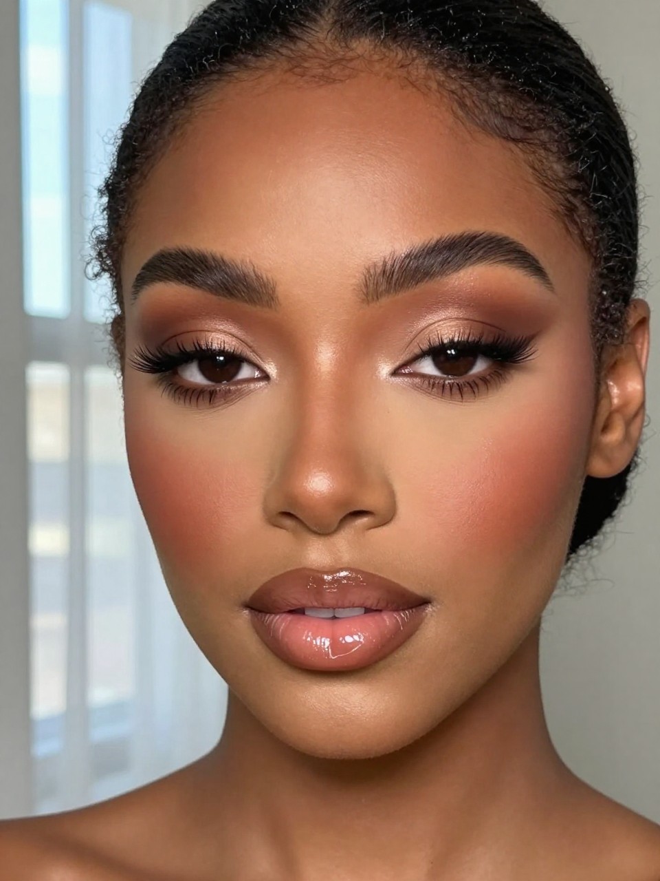 IMAGE_PROMPT: Super realistic close-up beauty portrait of a Black woman wearing cute birthday makeup with matte caramel and cocoa brown eyeshadow, healthy glowing skin, warm terracotta blush, nude lips topped with clear gloss, fluffy brows, soft lashes, and a clean polished complexion, shot from a front-facing portrait, with soft natural window light that clearly reveals the matte eye texture and glossy lips, realistic skin texture, black hair pulled into a sleek low bun, minimal neutral background, feminine modern beauty photography, latest iPhone photo quality (no watermarks on images).