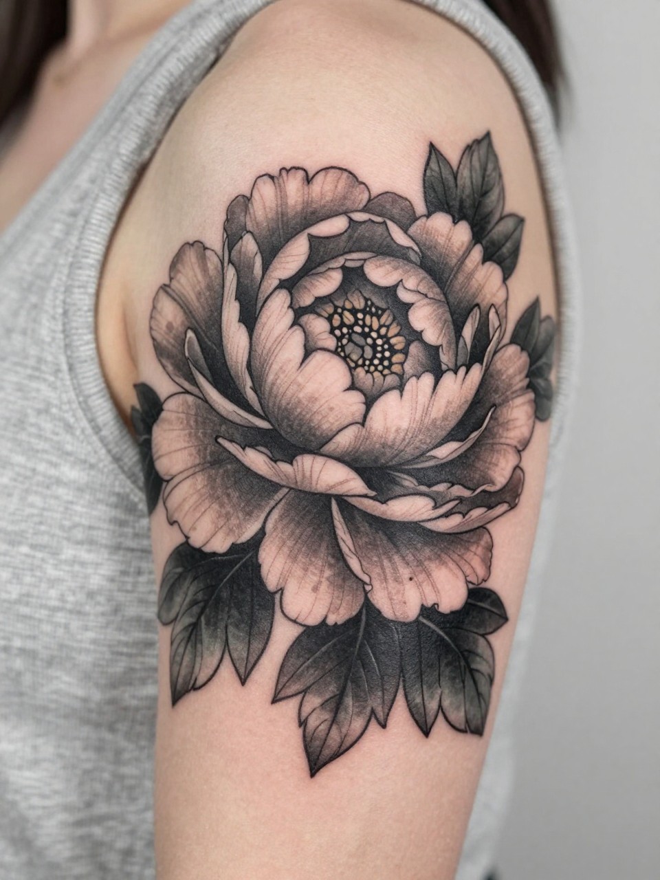 Image Prompt: "Extreme close-up of a full bloom Japanese peony tattoo on the upper arm, layered petals in black and grey ink, rich soft shading, bold elegant linework, realistic skin texture, sleeveless blouse edge softly visible, design-focused close-up, feminine modern tattoo inspiration photo, minimal background, tattoo is the clear hero (no watermarks on images)"