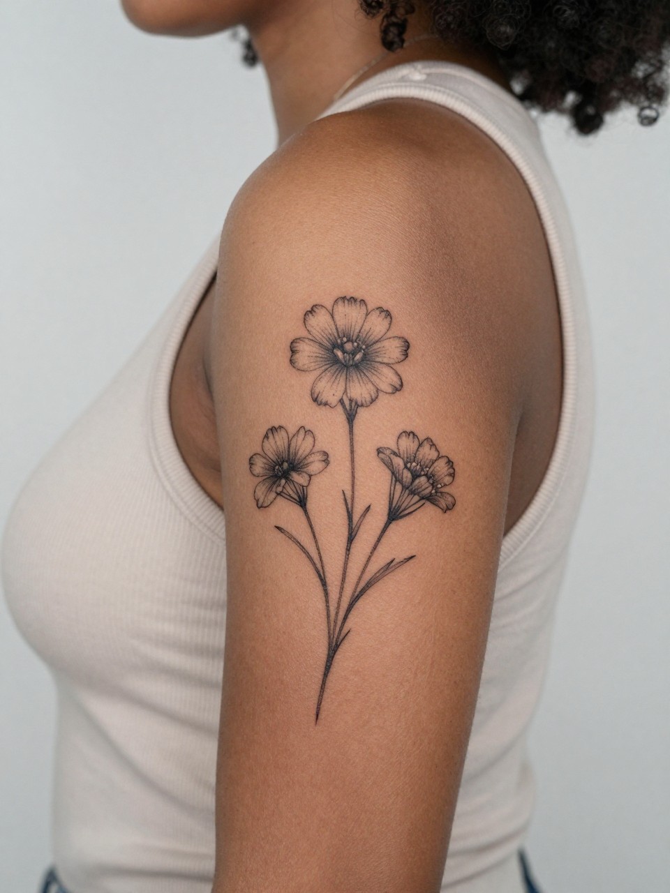 Image Prompt: "Extreme close-up of a fine line wildflower tattoo with soft dotwork accents on the upper arm of a black woman, black ink floral design, delicate petals, thin stem, subtle dotwork detail, light shading, realistic skin texture, sleeveless neutral top softly visible, feminine lifestyle-inspired tattoo image, minimal clean background, tattoo is the main focus (no watermarks on images)"