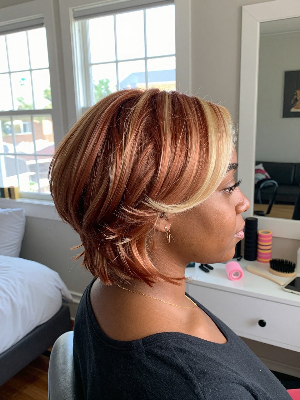 Photo of a black woman wearing a side part copper blowout with champagne blonde highlights, side profile view, in a sun-drenched bedroom, natural window light, containing a small lived-in detail such as velcro rollers on the vanity and a round brush nearby, latest iPhone photo quality.