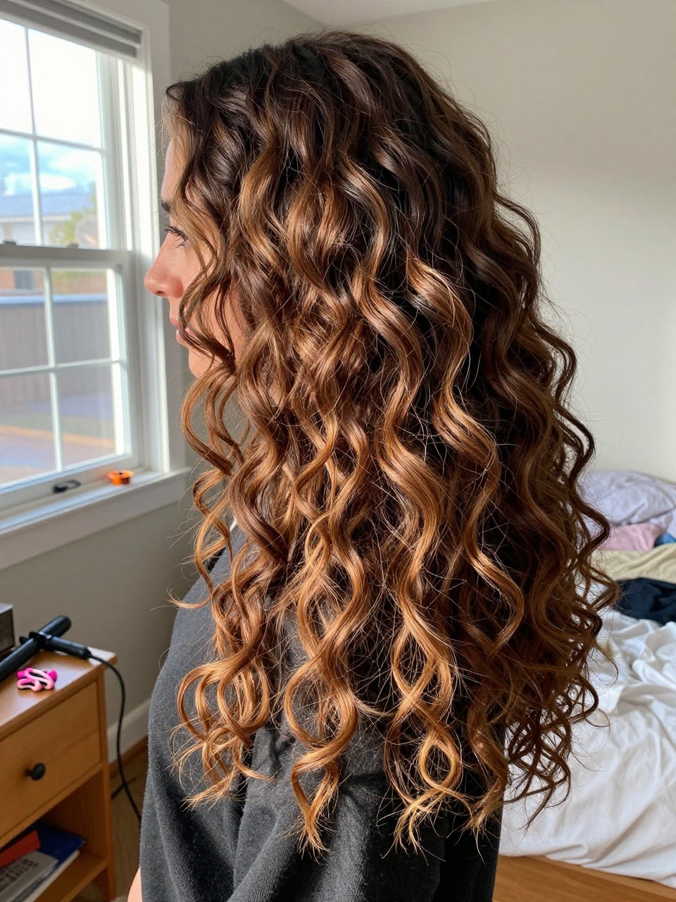 Photo of a woman wearing long brown curls with chestnut highlights and rich lowlights, side profile view, in a sun-drenched bedroom, natural window light, containing a small lived-in detail such as a curling iron on the nightstand and a decorative barrette on one side, latest iPhone photo quality.