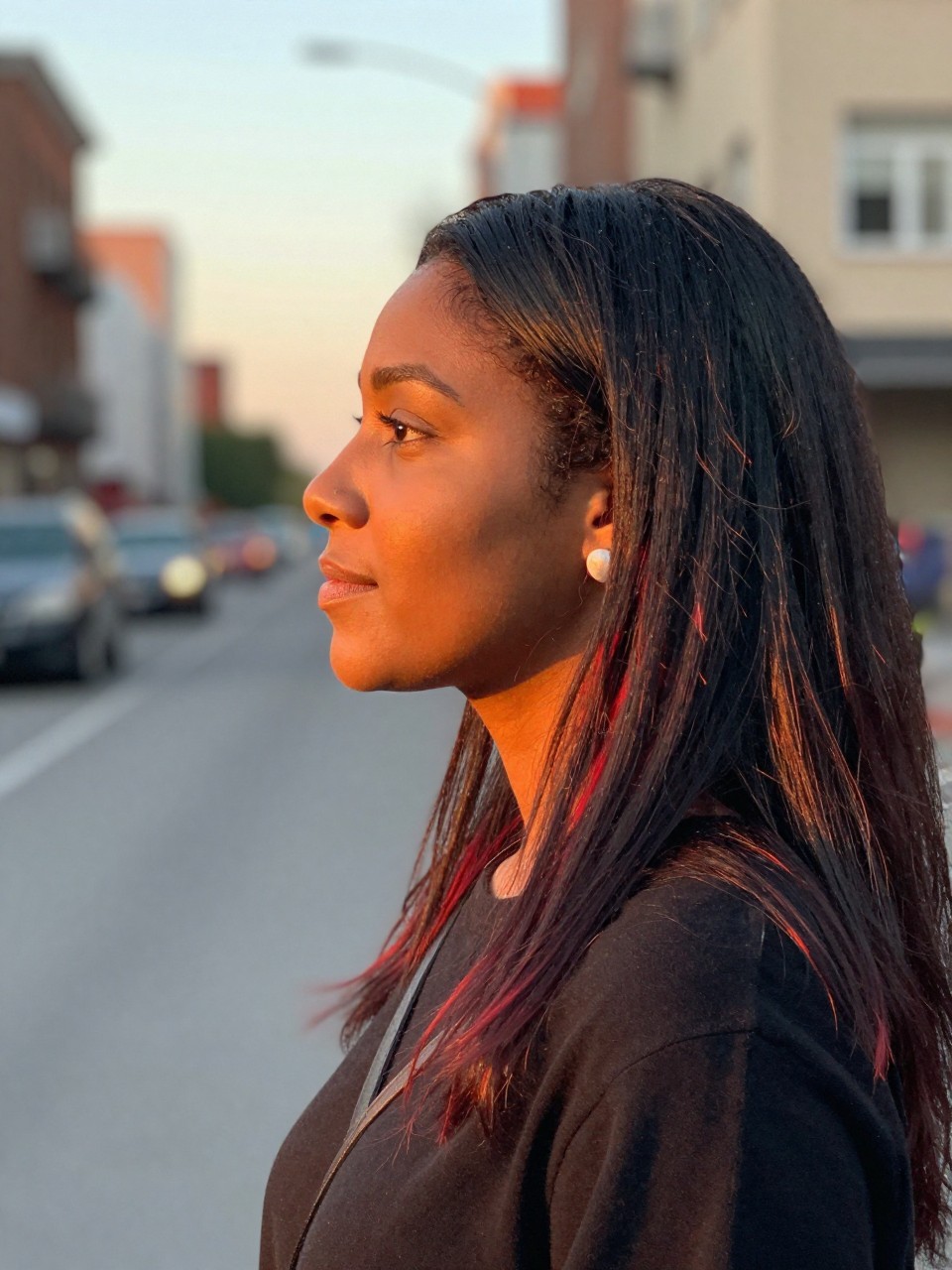 Photo of a brown woman wearing long straight black hair with red face-framing highlights, side profile view, in a softly blurred city street background, golden hour glow, containing a small lived-in detail such as statement earrings peeking through and a crossbody strap on the shoulder, latest iPhone photo quality.