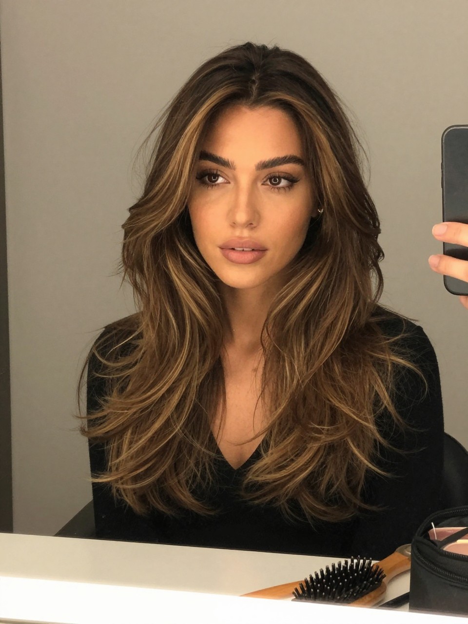 Photo of a woman wearing brunette hair with honey brown face-framing highlights and soft loose waves, candid mirror selfie, bathroom vanity mirror setting, soft indoor lighting, with a hairbrush on the vanity and a makeup bag nearby, latest iPhone photo quality.