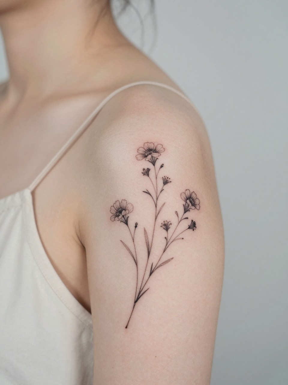 Image Prompt: "Close-up of a wildflower shoulder tattoo spray, black ink fine line floral design with tiny blooms, thin stems, soft grey shading, flowing natural layout, realistic skin texture, sleeveless blouse edge softly visible, feminine modern tattoo inspiration photo, minimal background, tattoo is the clear main subject (no watermarks on images)"
