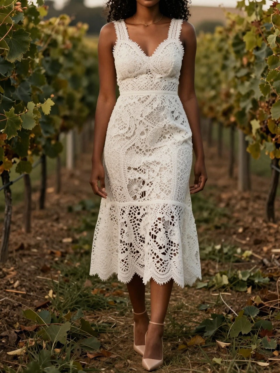 photo of a black woman in a white lace midi dress and nude heels, standing in a garden or at a winery, cropped at NECK so face doesn't show, at a winery, warm moody lighting, iPhone photo quality.