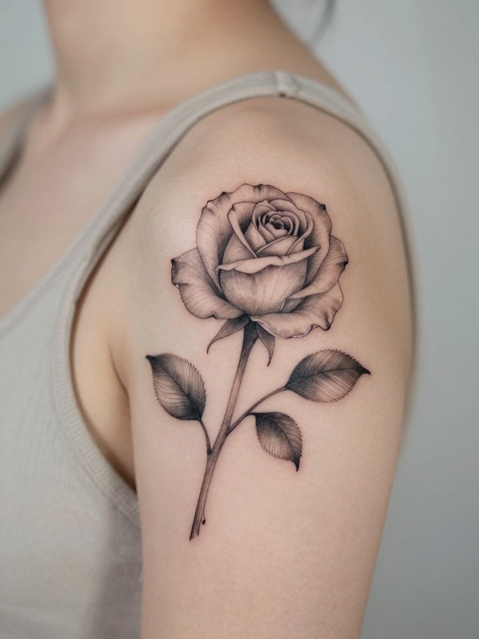 Image Prompt: "Extreme close-up of a fine line rose flower tattoo on the shoulder, delicate black ink floral design with clean layered petals, subtle soft grey shading, realistic skin texture, sleeveless neutral top softly visible, design-focused close-up, feminine modern tattoo inspiration photo, minimal soft background, tattoo is the clear main subject (no watermarks on images)"