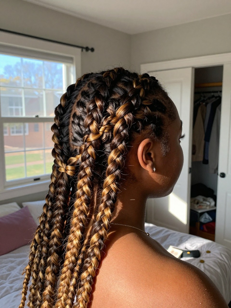 Photo of a black woman wearing a braided crown on brunette hair with blonde highlights woven throughout, back-of-head view to highlight details, in a sun-drenched bedroom, natural window light, containing a small lived-in detail such as a tiny flower pin and a slightly open closet behind, latest iPhone photo quality.