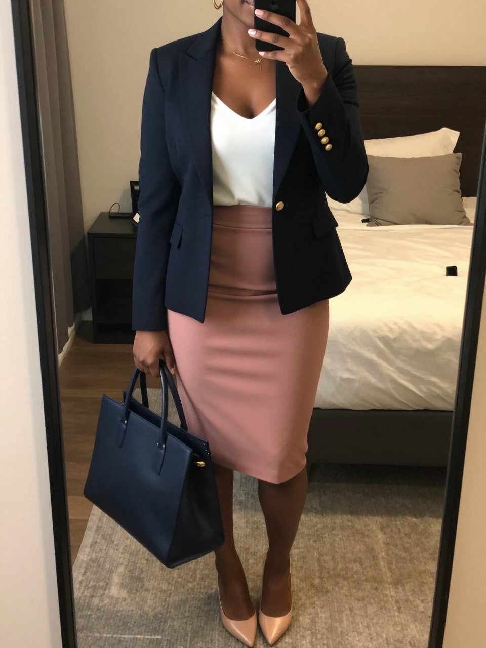 mirror selfie of a black woman wearing a navy blazer with gold buttons over a white shell top tucked into a dusty rose pencil skirt with nude pointed flats, gold hoop earrings visible, holding a structured navy tote, standing in a polished professional pose, cropped at NECK so face doesn't show, in a feminine-themed bedroom, warm moody lighting, iPhone photo quality.