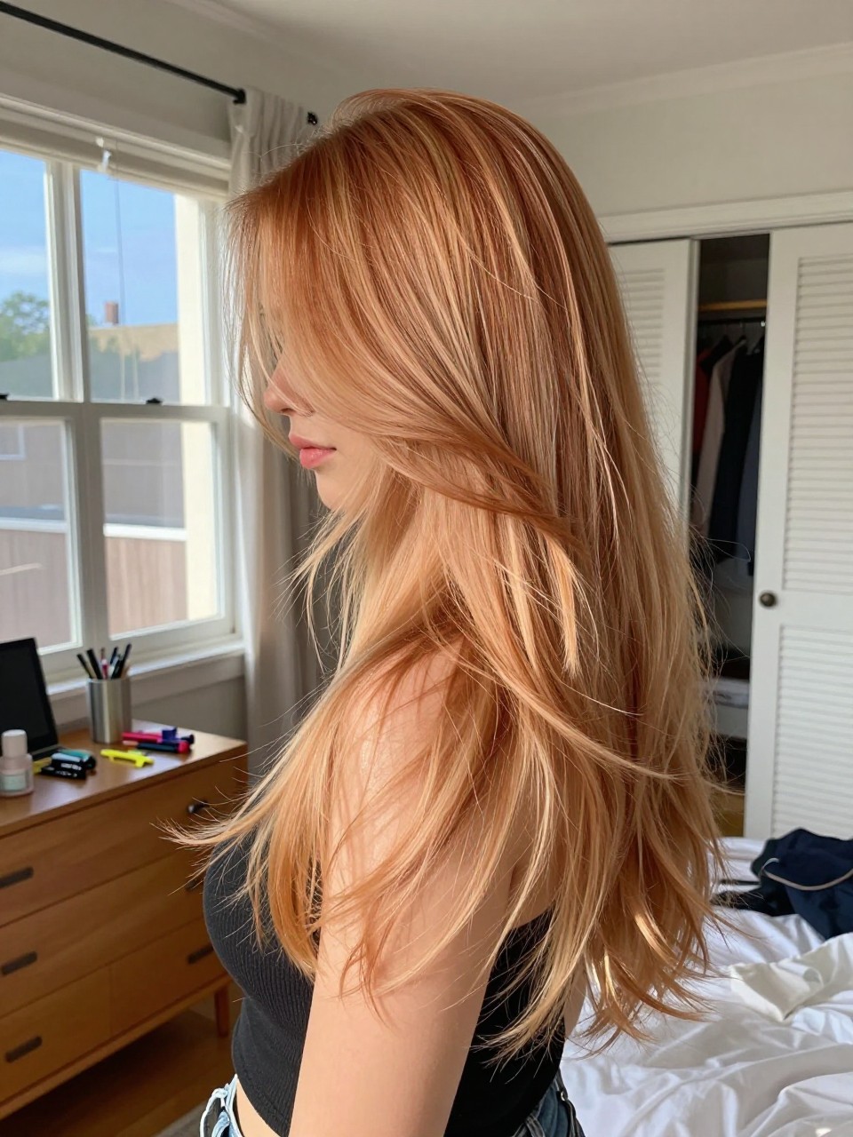 Photo of a woman wearing long layered strawberry blonde hair with honey highlights and soft movement, side profile view, in a sun-drenched bedroom, natural window light, containing a small lived-in detail such as sectioning clips on the dresser and a slightly open closet behind, latest iPhone photo quality.
